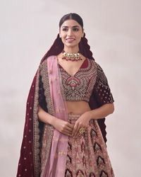 Mohey Women Peony Pink and Maroon Imperial Patterned Bridal Lehenga