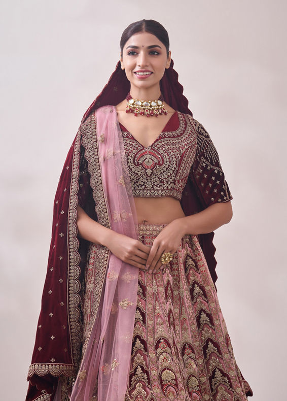 Mohey Women Peony Pink and Maroon Imperial Patterned Bridal Lehenga