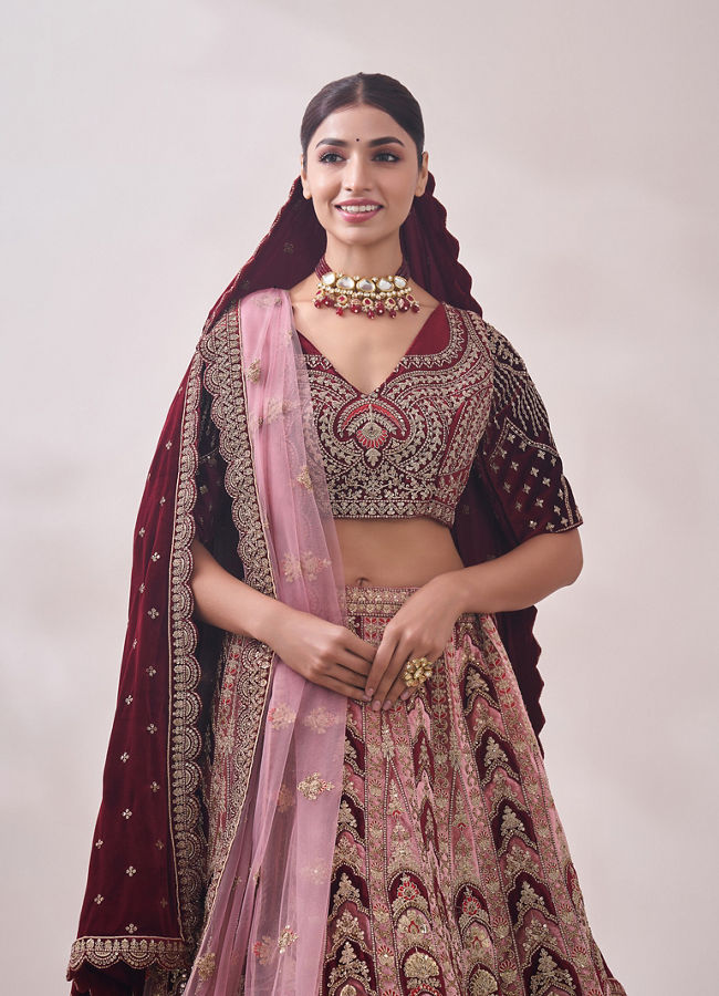 Peony Pink and Maroon Imperial Patterned Bridal Lehenga image number 1