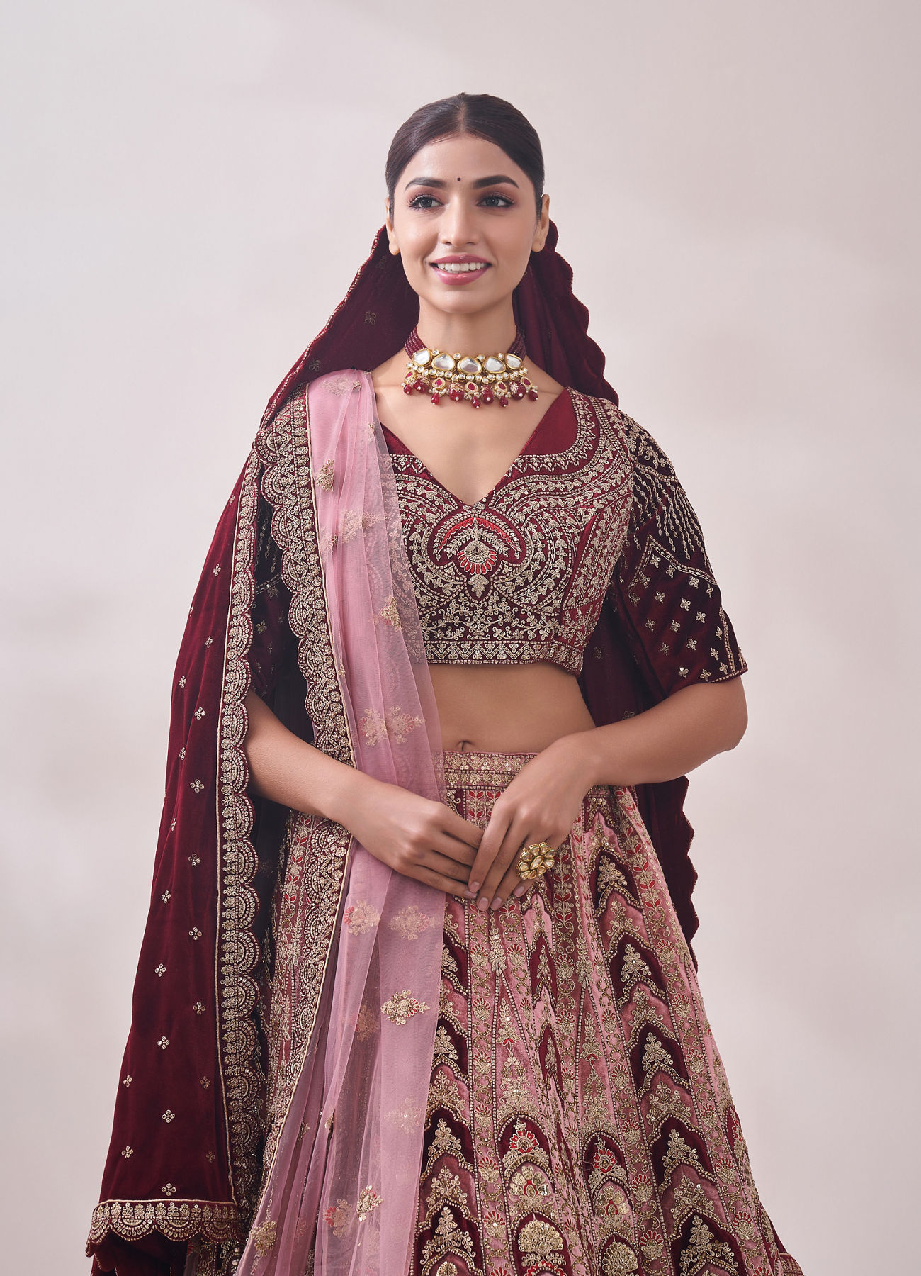 Mohey Women Peony Pink and Maroon Imperial Patterned Bridal Lehenga