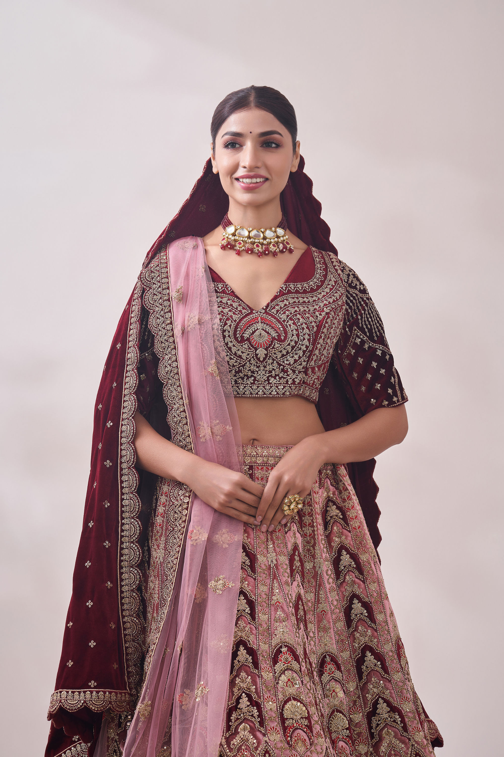 Mohey Women Peony Pink and Maroon Imperial Patterned Bridal Lehenga