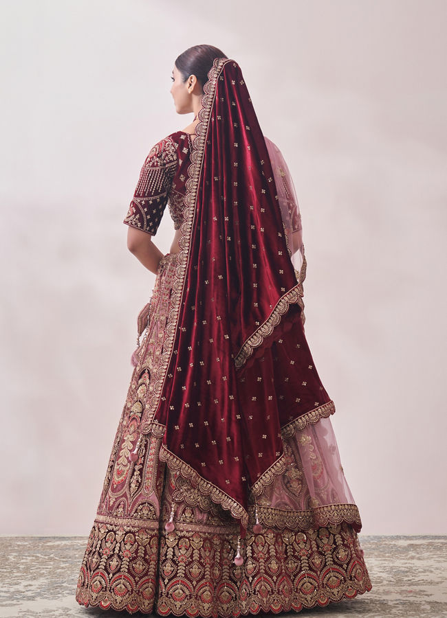 Peony Pink and Maroon Imperial Patterned Bridal Lehenga image number 3