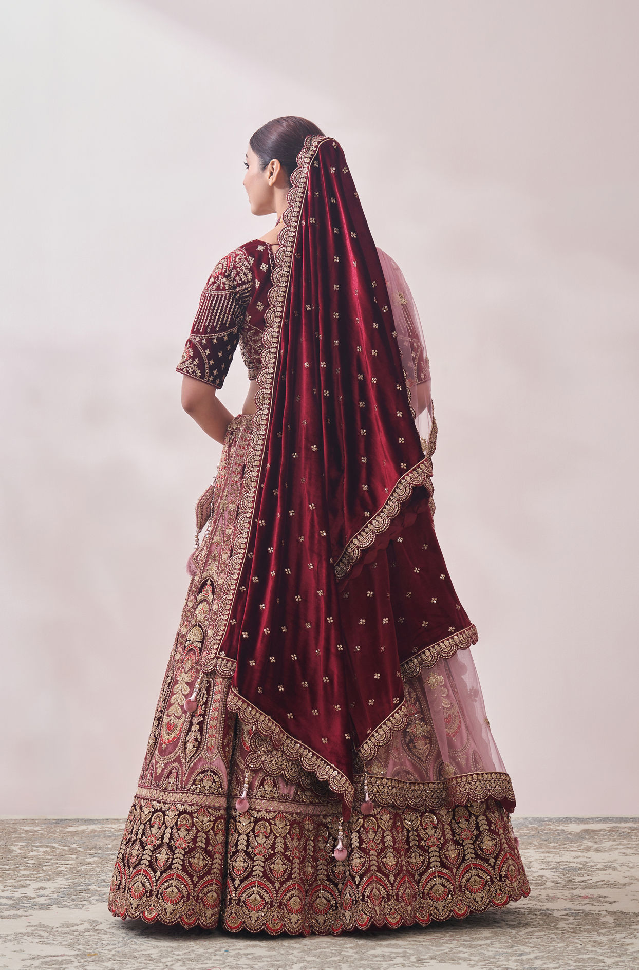 Peony Pink and Maroon Imperial Patterned Bridal Lehenga image number 3