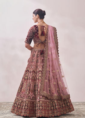 Peony Pink and Maroon Imperial Patterned Bridal Lehenga image number 4