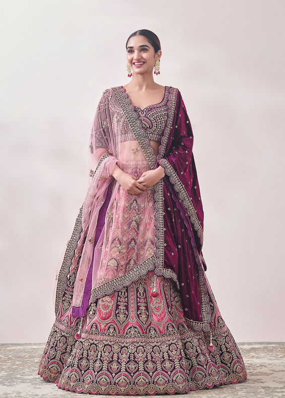 Mohey Women Flamingo Pink and Purple Imperial Patterned Bridal Lehenga