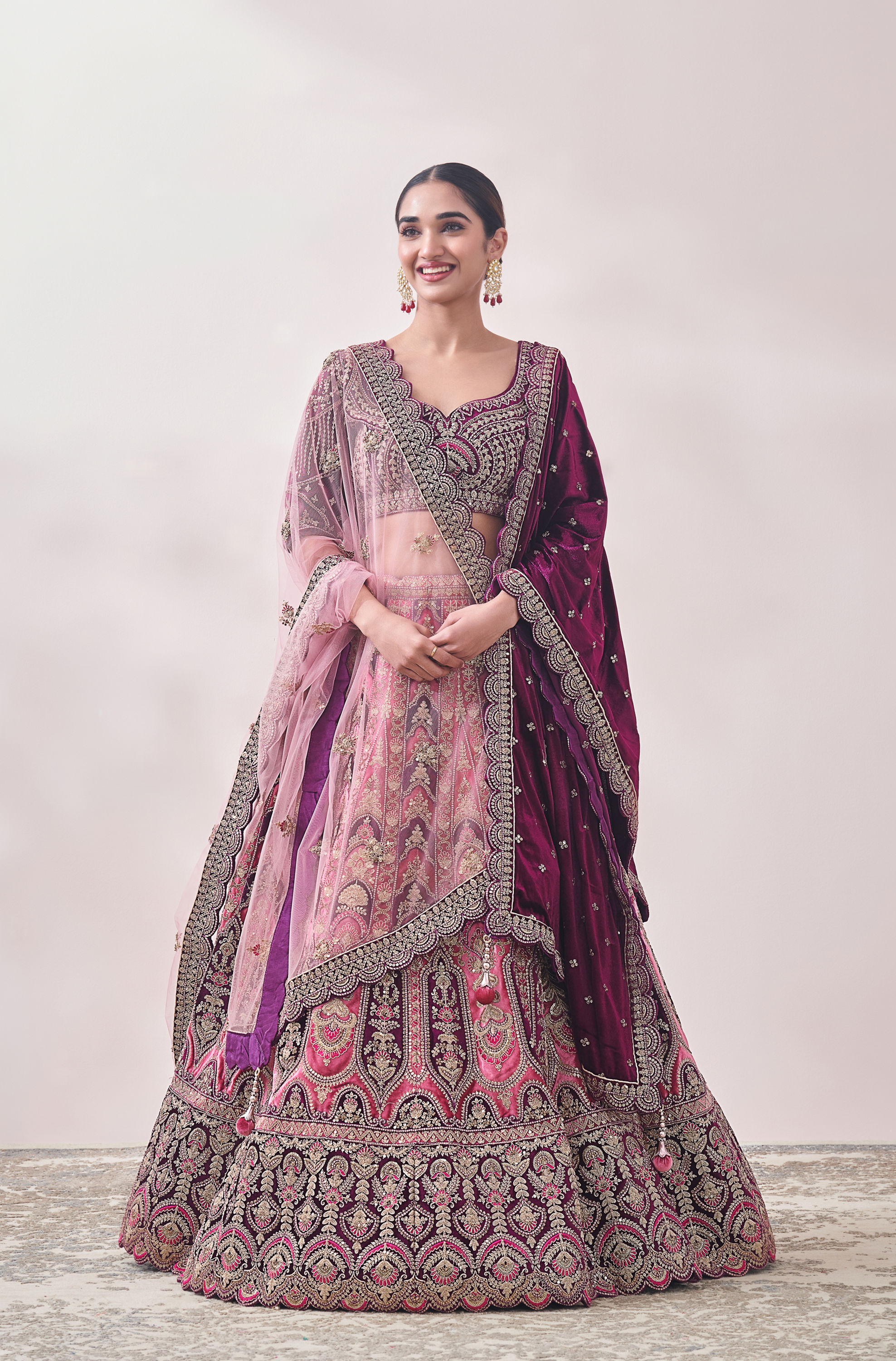 Mohey Women Flamingo Pink and Purple Imperial Patterned Bridal Lehenga