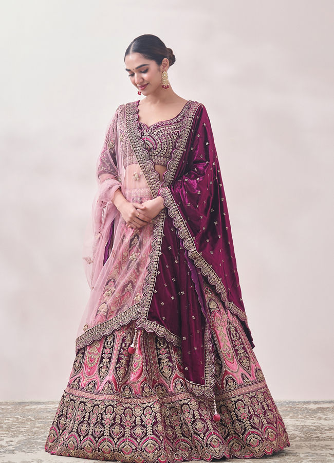 Mohey Women Flamingo Pink and Purple Imperial Patterned Bridal Lehenga