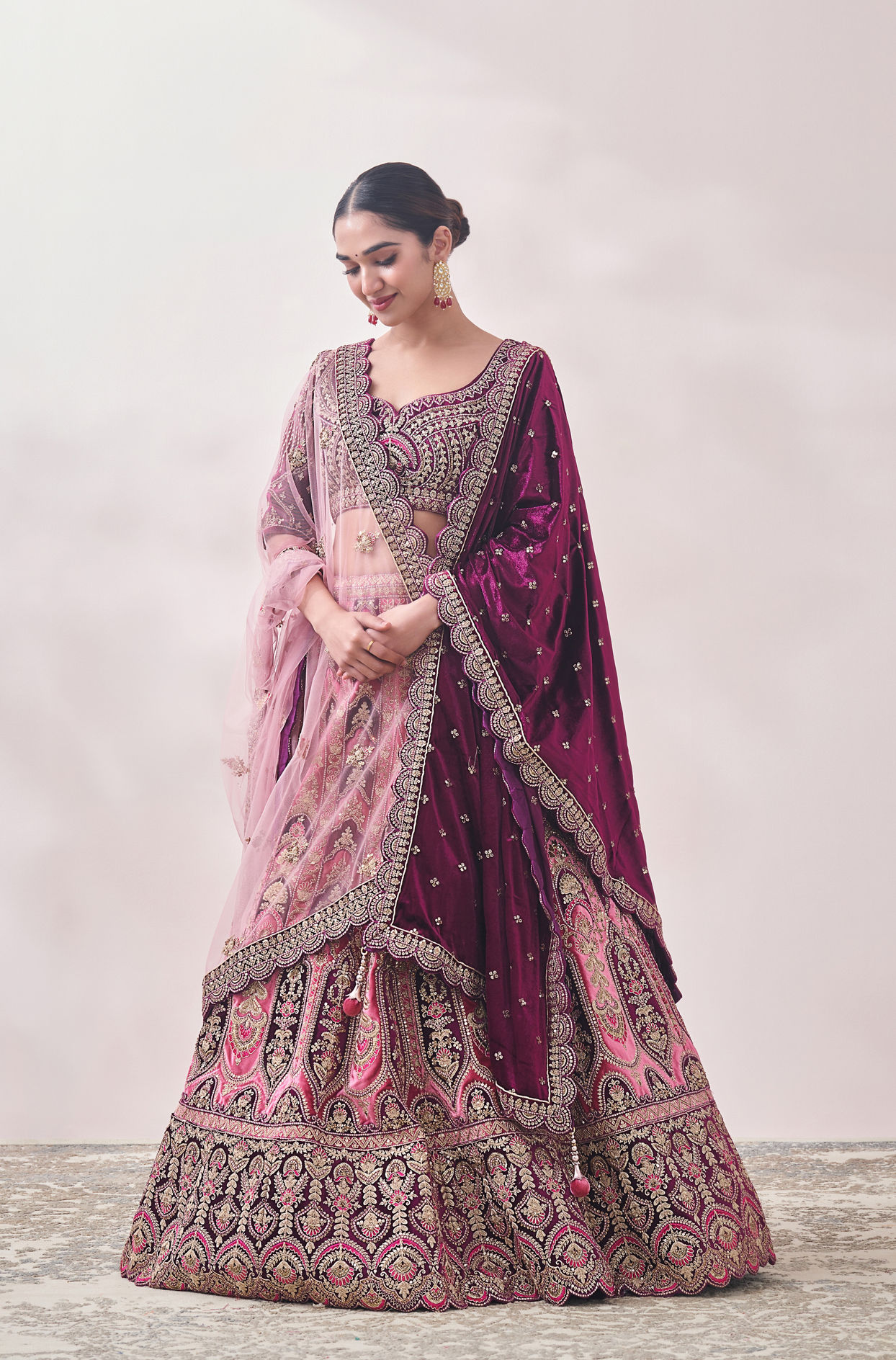 Mohey Women Flamingo Pink and Purple Imperial Patterned Bridal Lehenga