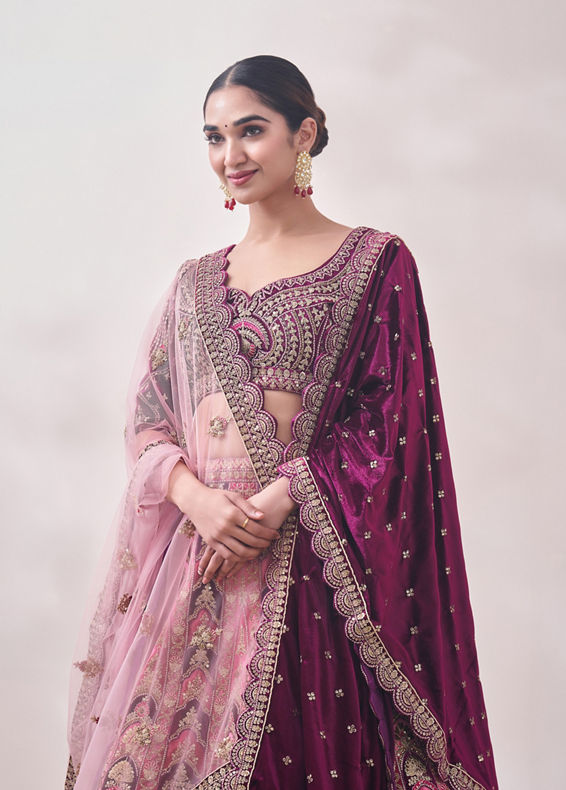 Mohey Women Flamingo Pink and Purple Imperial Patterned Bridal Lehenga