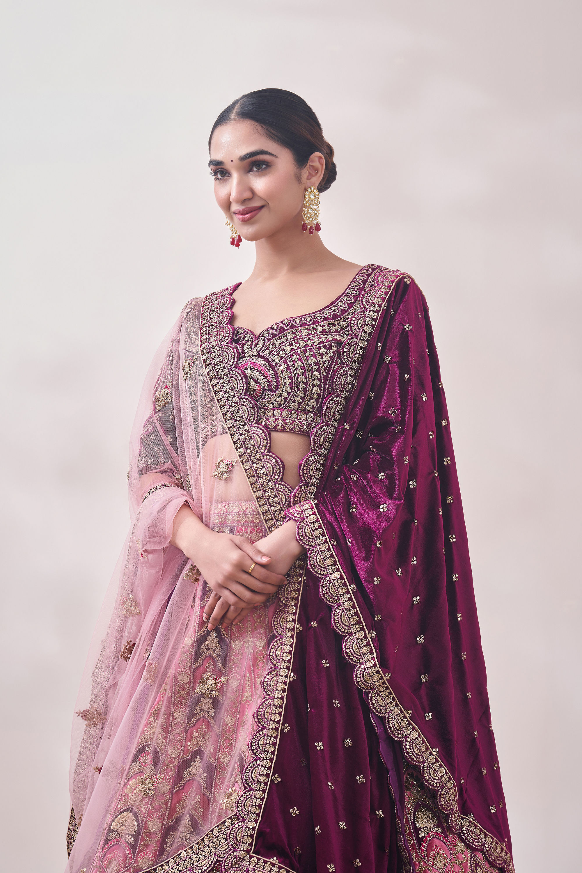 Mohey Women Flamingo Pink and Purple Imperial Patterned Bridal Lehenga