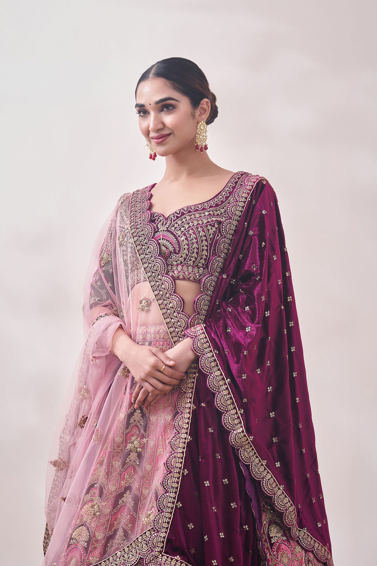 Flamingo Pink and Purple Imperial Patterned Bridal Lehenga image number 1