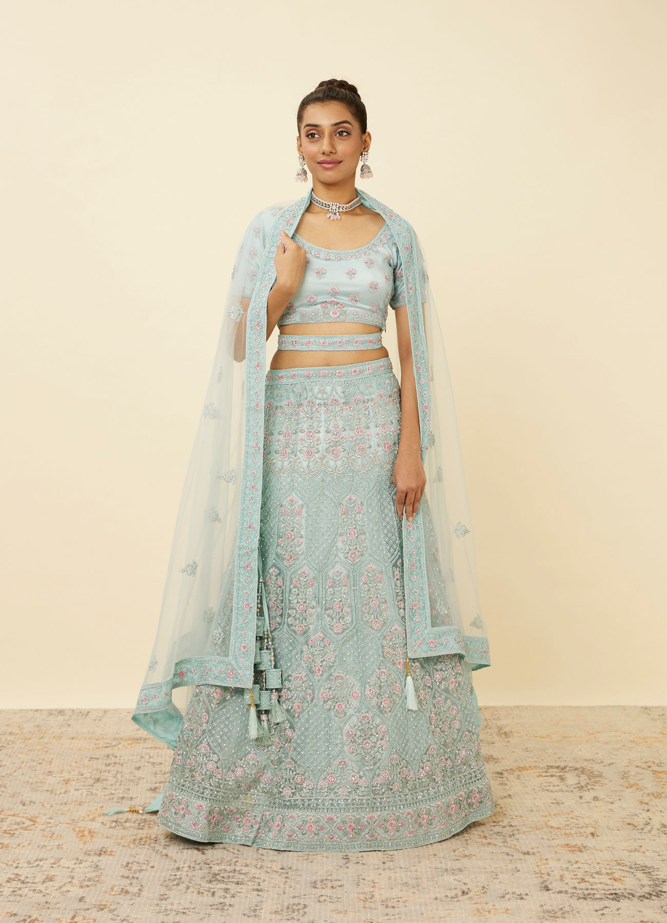 Mohey Women Tropical Blue Floral Patterned Lehenga