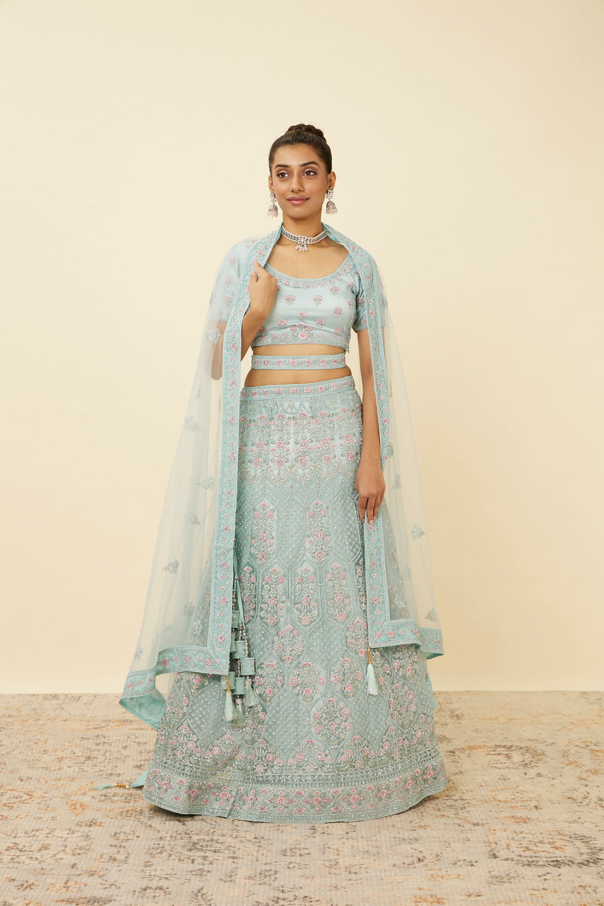 Mohey Women Tropical Blue Floral Patterned Lehenga image number 0