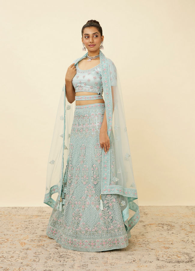Mohey Women Tropical Blue Floral Patterned Lehenga