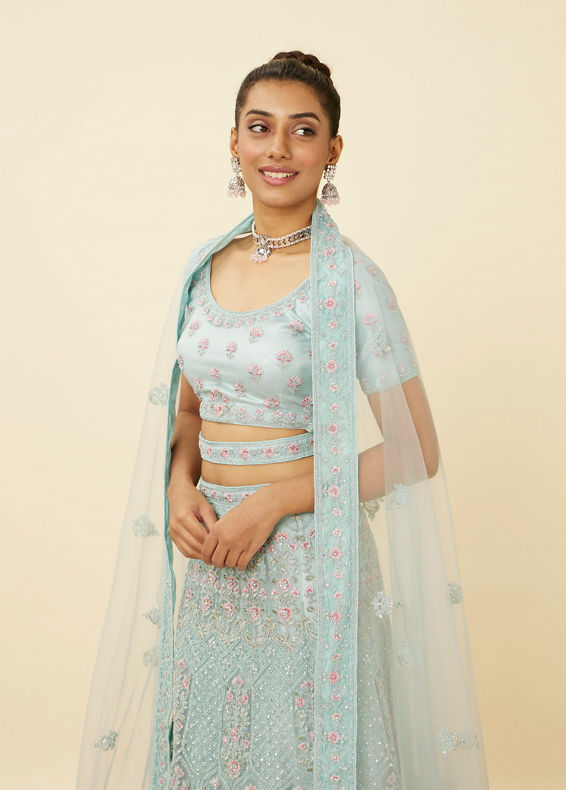 Mohey Women Tropical Blue Floral Patterned Lehenga