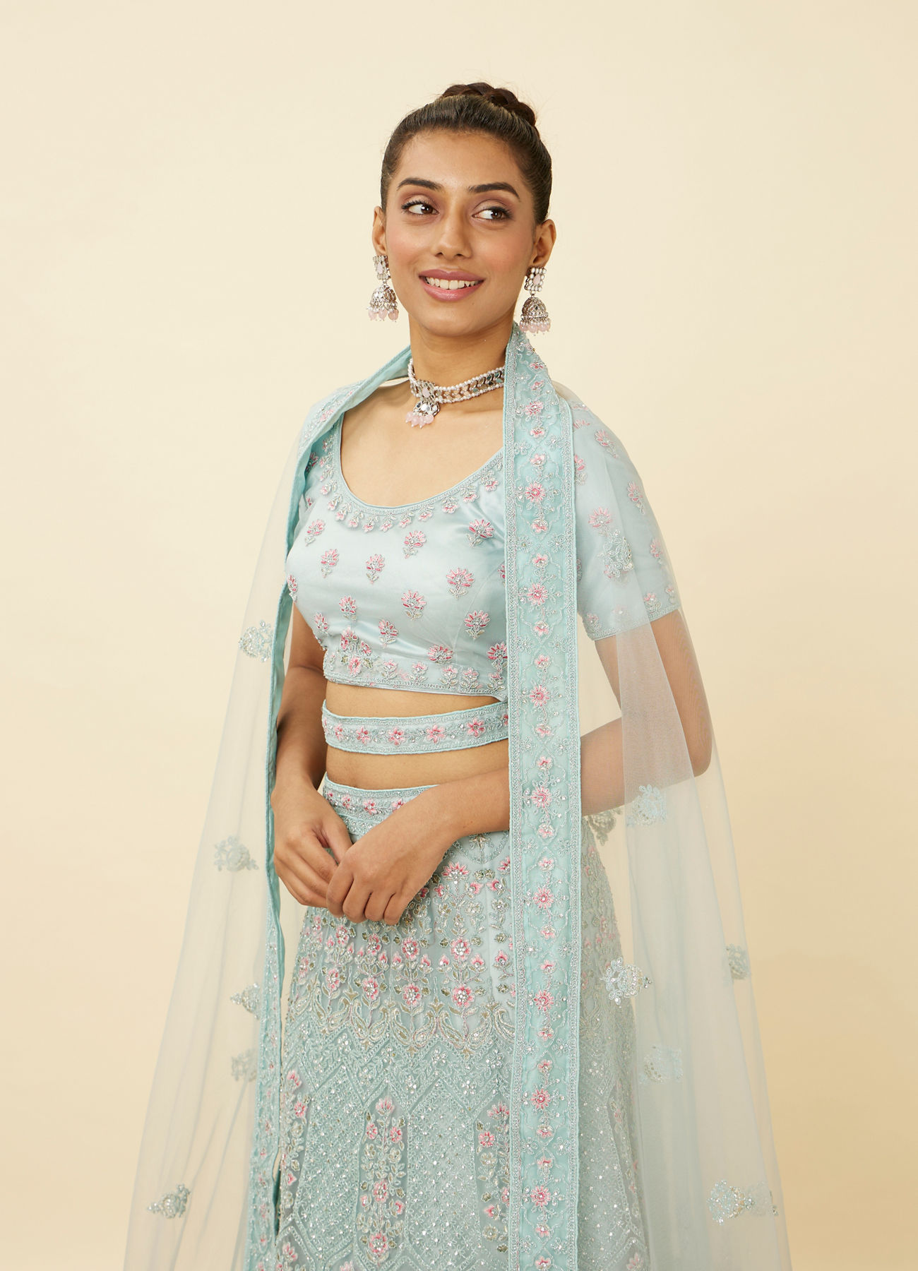 Mohey Women Tropical Blue Floral Patterned Lehenga