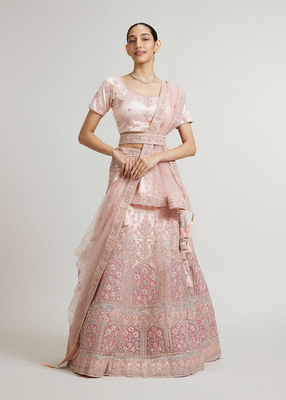 Mohey Women Baby Pink Floral Jaal Patterned Lehenga with Sequin & Stone Work