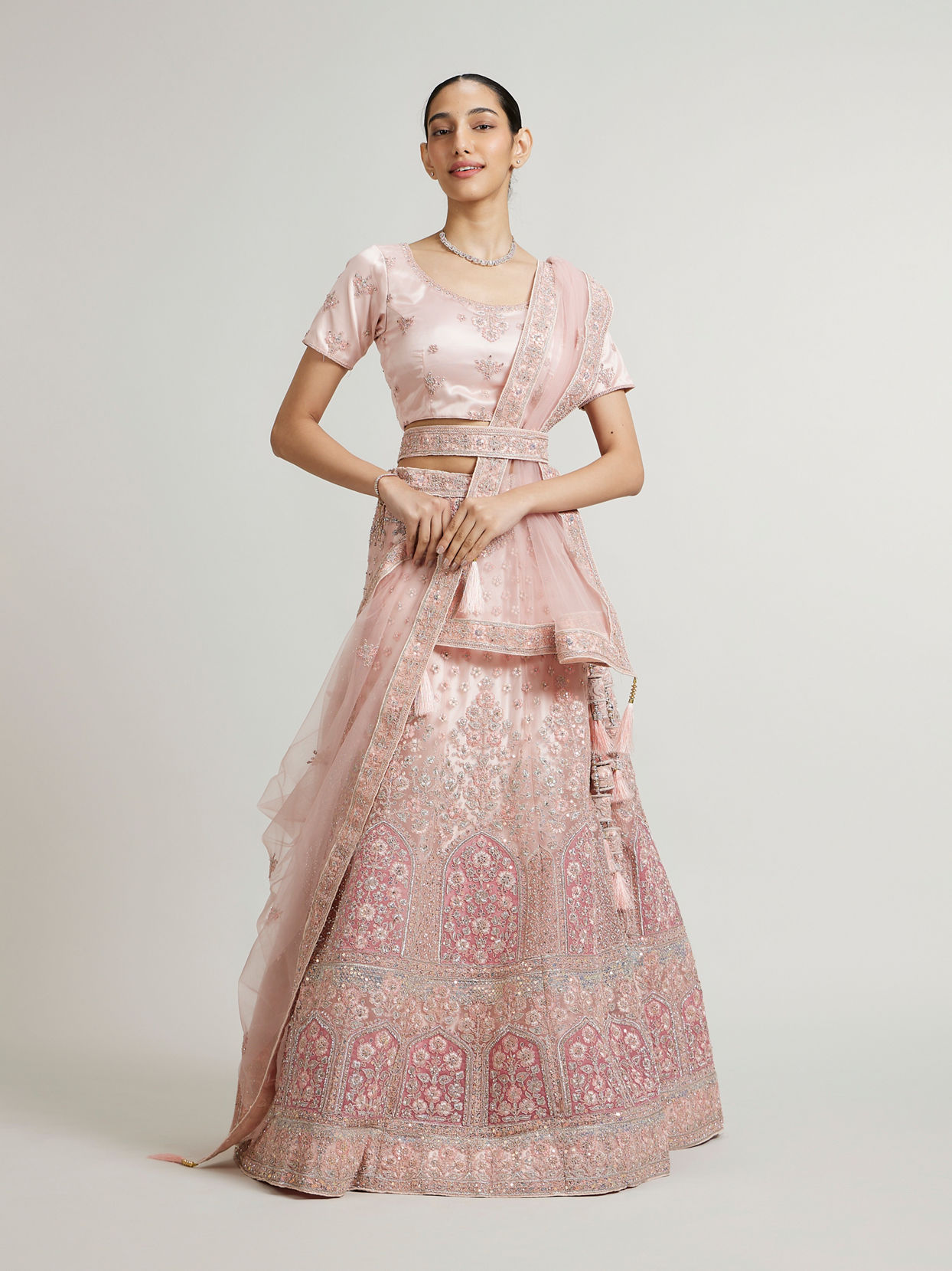 Mohey Women Baby Pink Floral Jaal Patterned Lehenga with Sequin & Stone Work image number 0