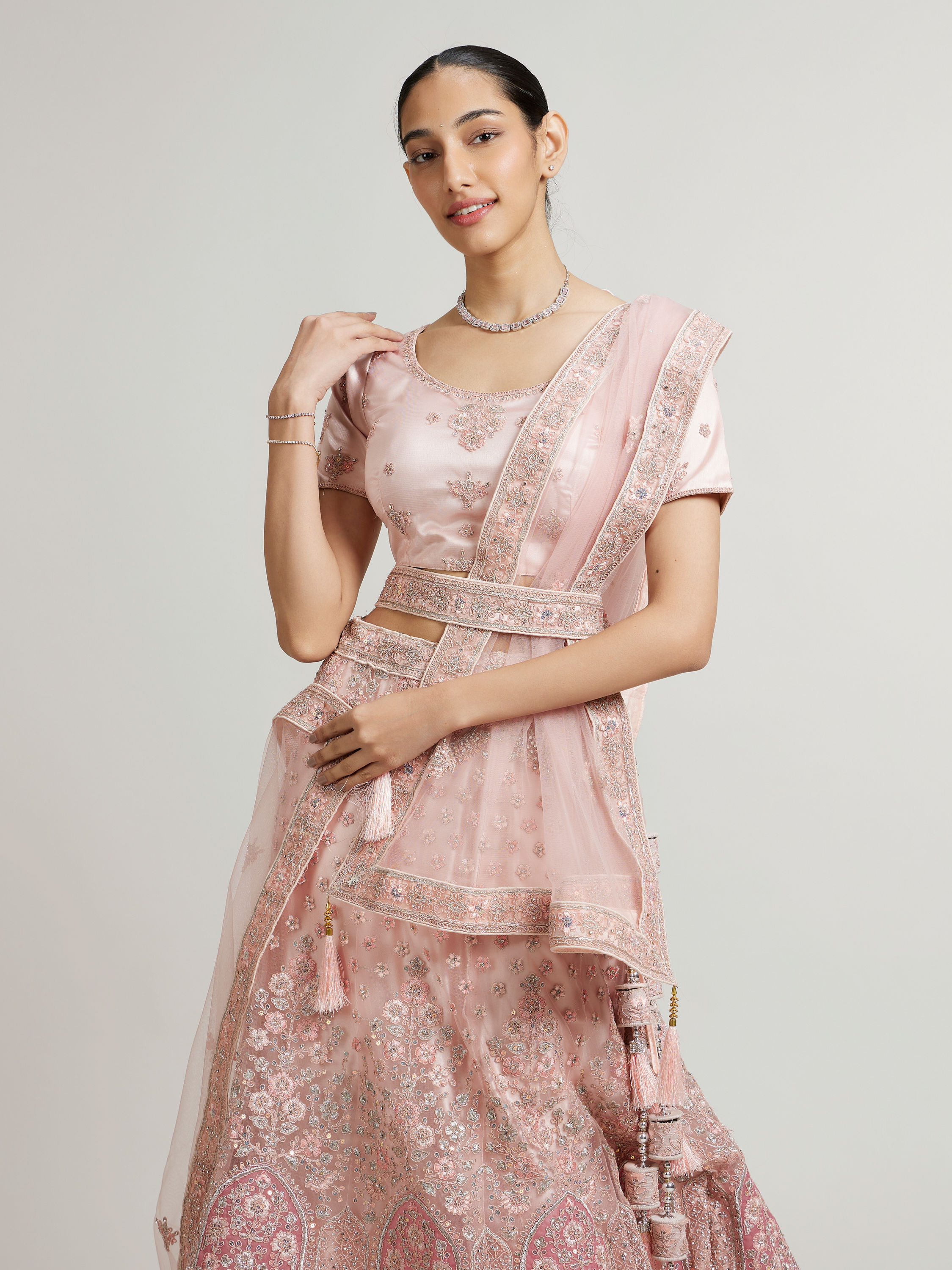 Mohey Women Baby Pink Floral Jaal Patterned Lehenga with Sequin & Stone Work