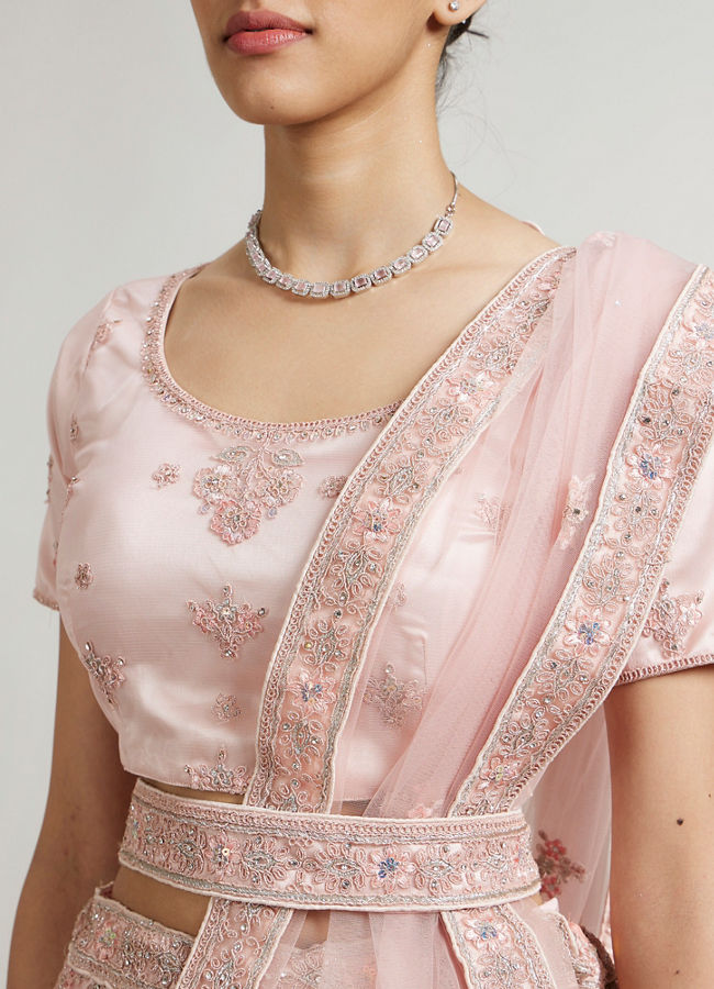 Mohey Women Baby Pink Floral Jaal Patterned Lehenga with Sequin & Stone Work