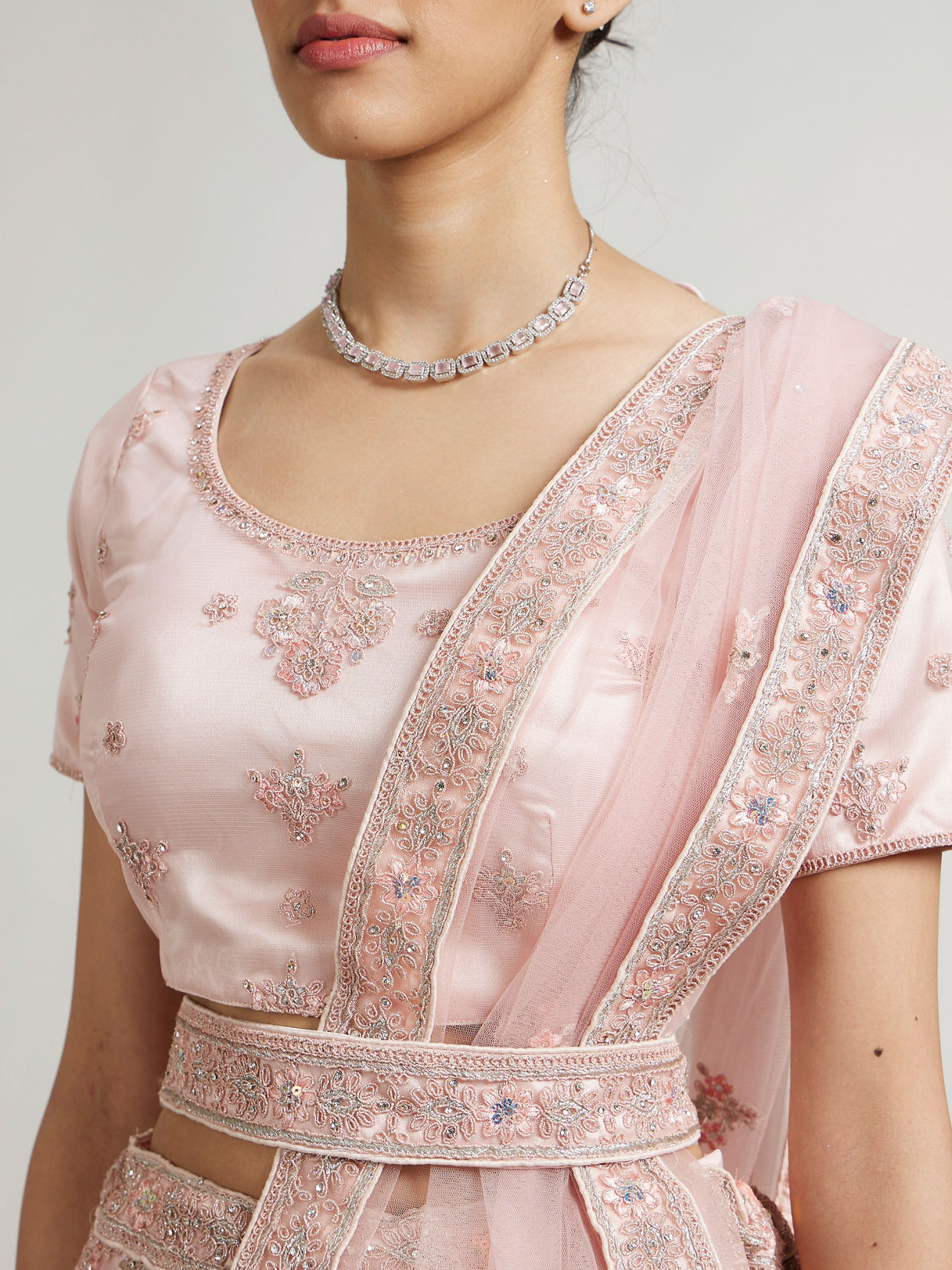 Mohey Women Baby Pink Floral Jaal Patterned Lehenga with Sequin & Stone Work