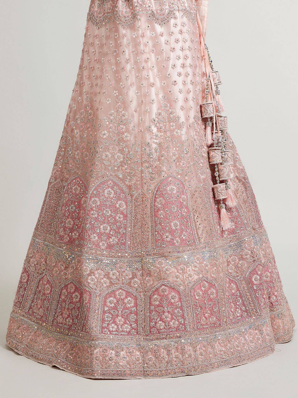Mohey Women Baby Pink Floral Jaal Patterned Lehenga with Sequin & Stone Work
