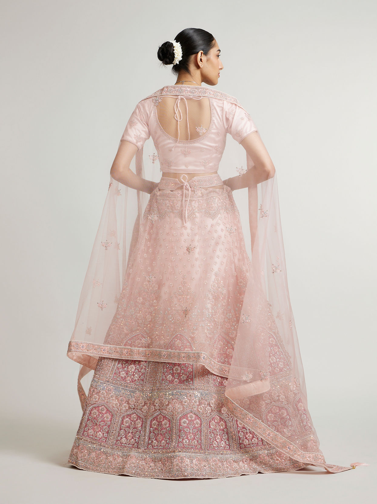 Mohey Women Baby Pink Floral Jaal Patterned Lehenga with Sequin & Stone Work
