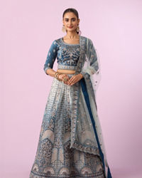 Mohey Women Coral Blue Floral Art Nouveau Patterned Bridal Lehenga