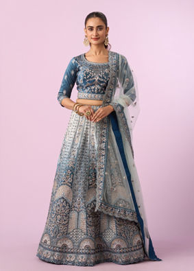 Mohey Women Coral Blue Floral Art Nouveau Patterned Bridal Lehenga