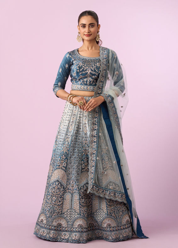 Mohey Women Coral Blue Floral Art Nouveau Patterned Bridal Lehenga