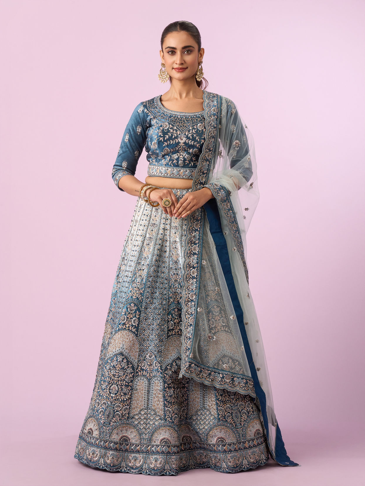 Mohey Women Coral Blue Floral Art Nouveau Patterned Bridal Lehenga