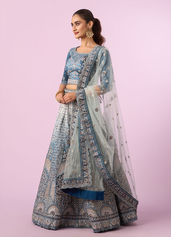 Mohey Women Coral Blue Floral Art Nouveau Patterned Bridal Lehenga