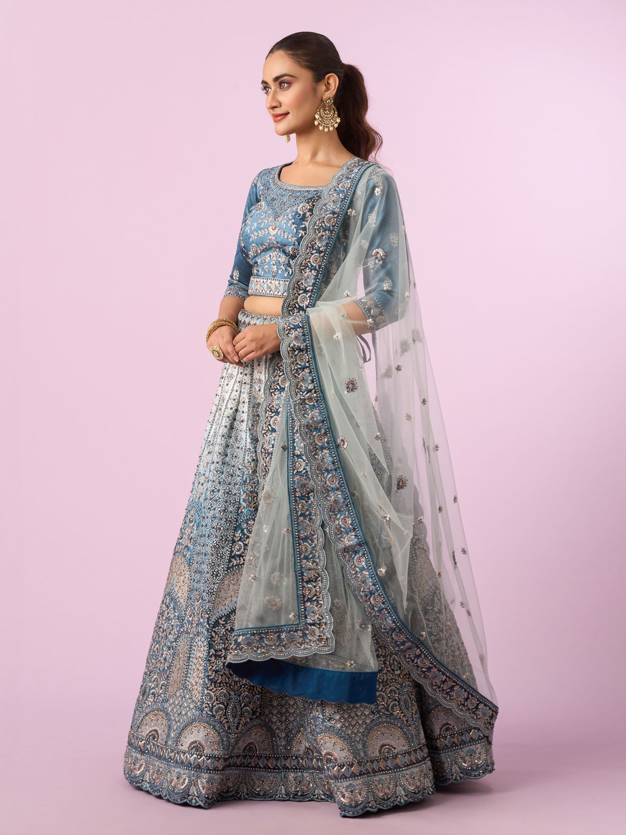 Mohey Women Coral Blue Floral Art Nouveau Patterned Bridal Lehenga