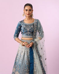 Mohey Women Coral Blue Floral Art Nouveau Patterned Bridal Lehenga