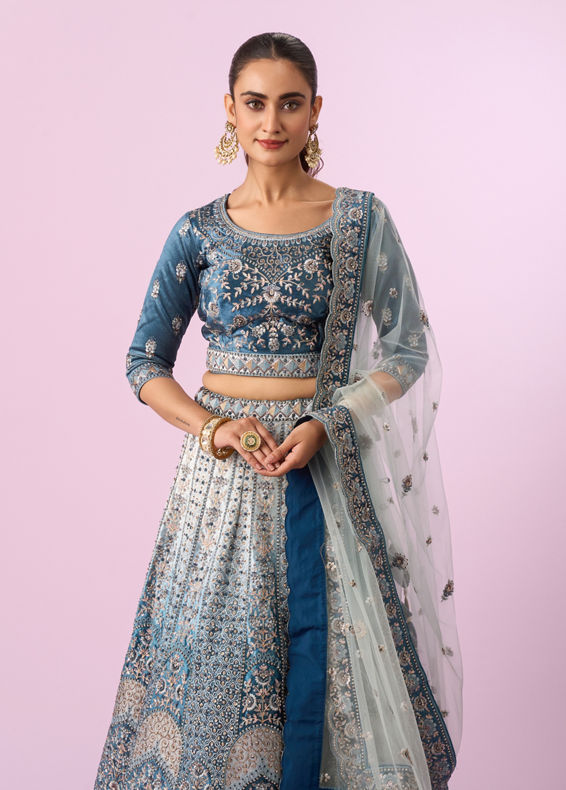 Mohey Women Coral Blue Floral Art Nouveau Patterned Bridal Lehenga