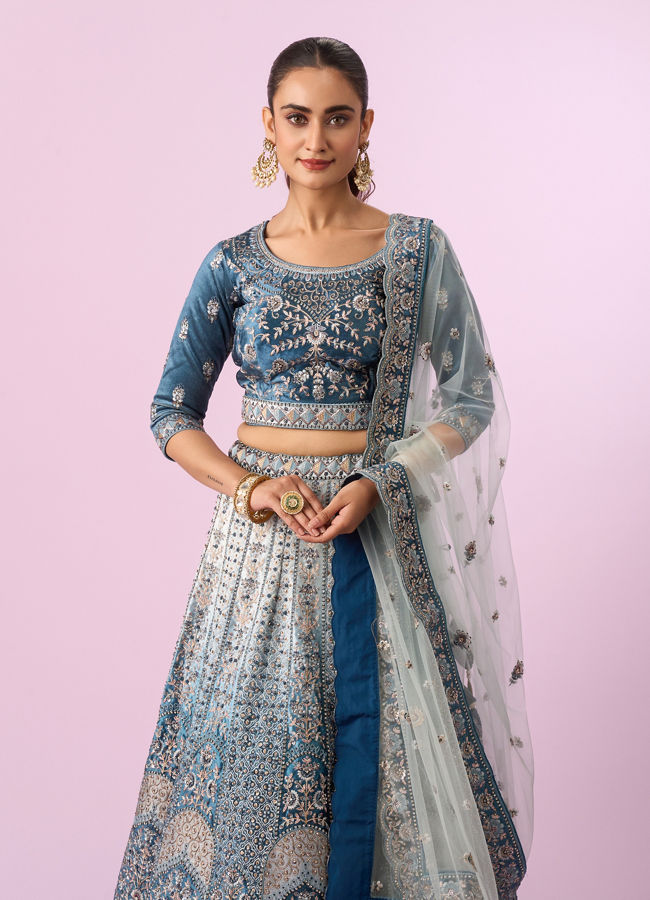 Mohey Women Coral Blue Floral Art Nouveau Patterned Bridal Lehenga
