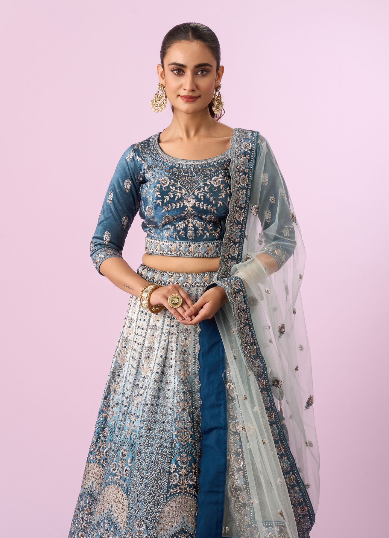Mohey Women Coral Blue Floral Art Nouveau Patterned Bridal Lehenga