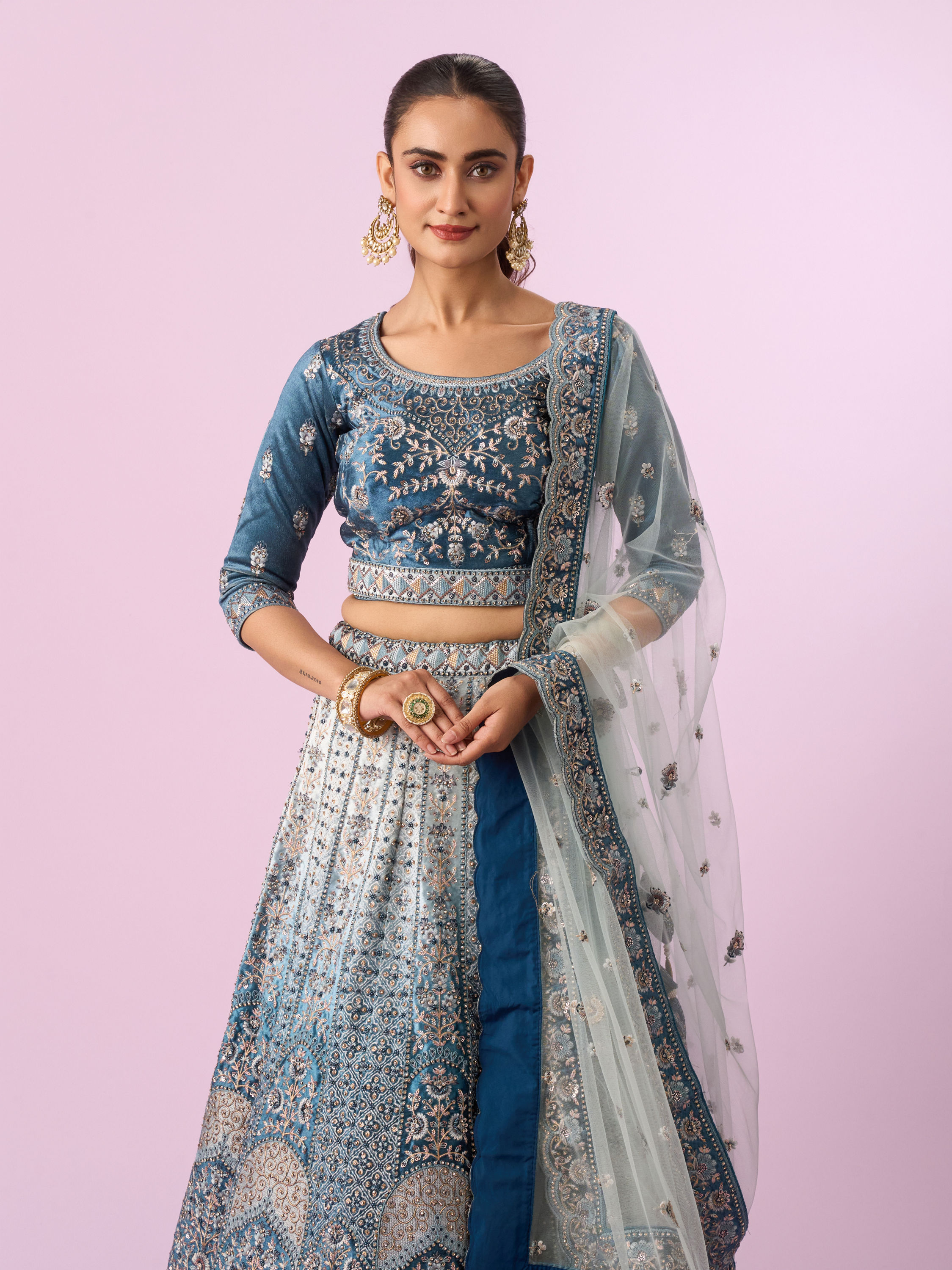 Mohey Women Coral Blue Floral Art Nouveau Patterned Bridal Lehenga