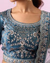 Mohey Women Coral Blue Floral Art Nouveau Patterned Bridal Lehenga