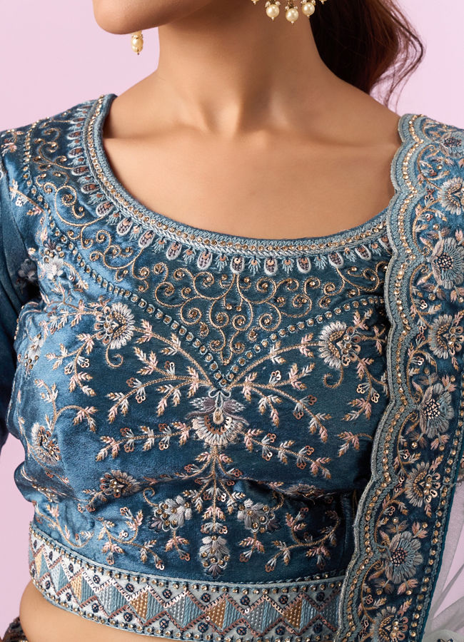 Mohey Women Coral Blue Floral Art Nouveau Patterned Bridal Lehenga