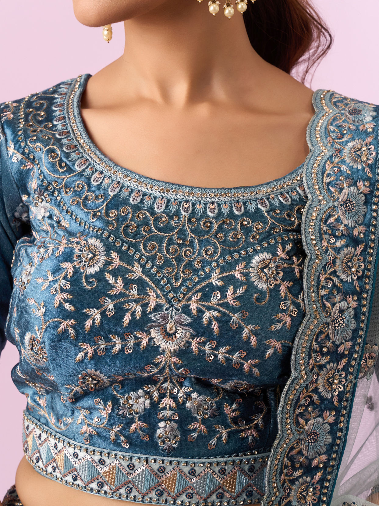Mohey Women Coral Blue Floral Art Nouveau Patterned Bridal Lehenga