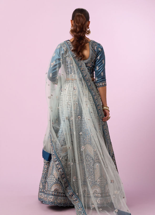 Mohey Women Coral Blue Floral Art Nouveau Patterned Bridal Lehenga