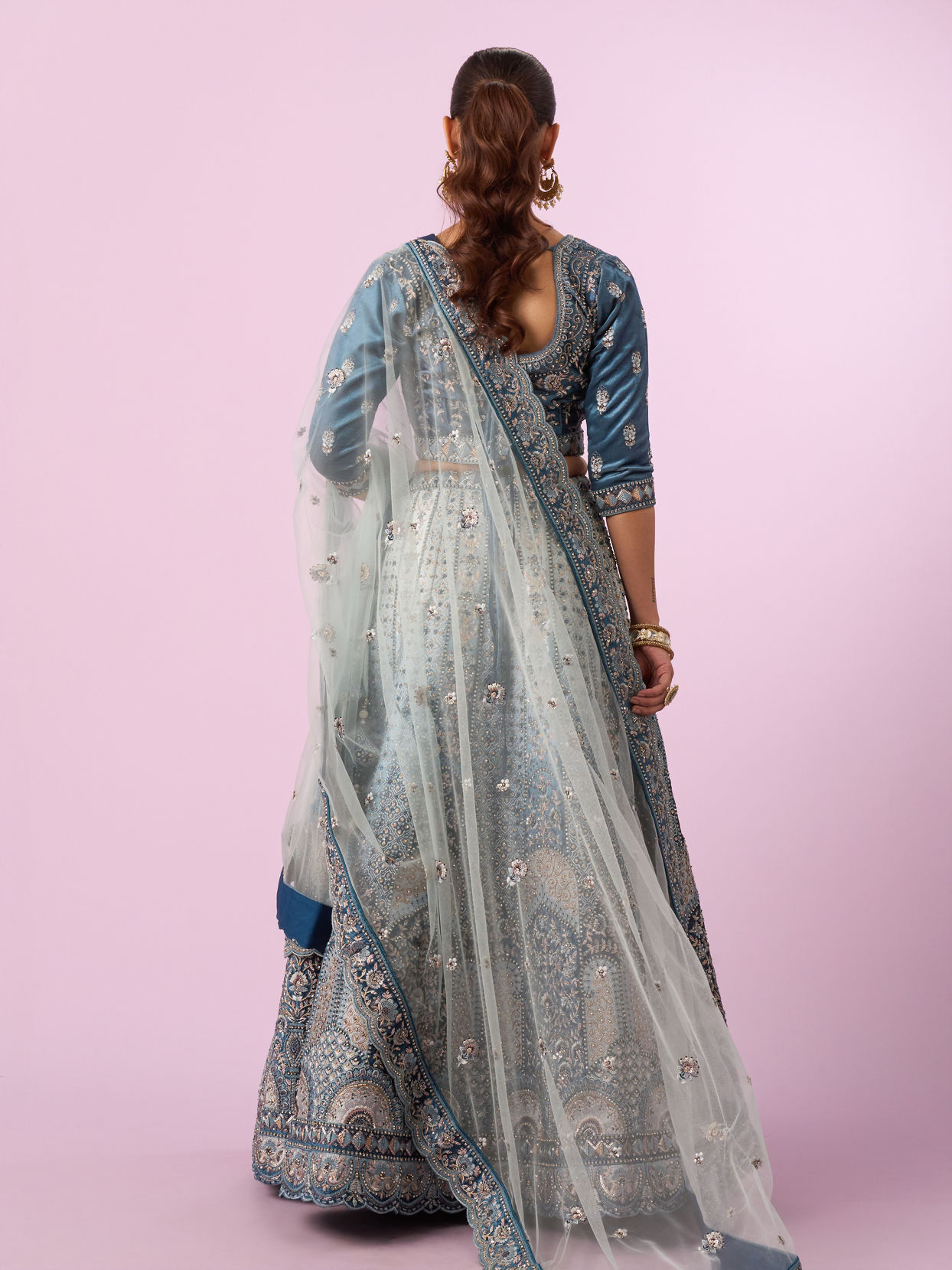 Mohey Women Coral Blue Floral Art Nouveau Patterned Bridal Lehenga