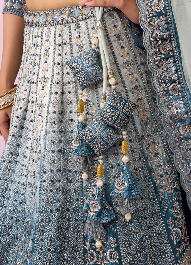 Mohey Women Coral Blue Floral Art Nouveau Patterned Bridal Lehenga