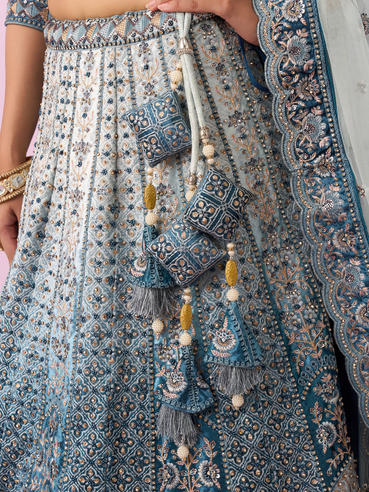 Mohey Women Coral Blue Floral Art Nouveau Patterned Bridal Lehenga