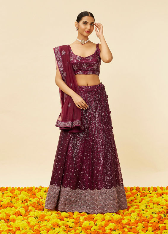 Mohey Women Windsor Wine Heavy Sequined Lehenga