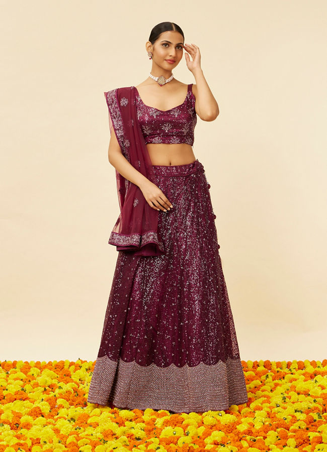 alt message - Mohey Women Windsor Wine Heavy Sequined Lehenga image number 0