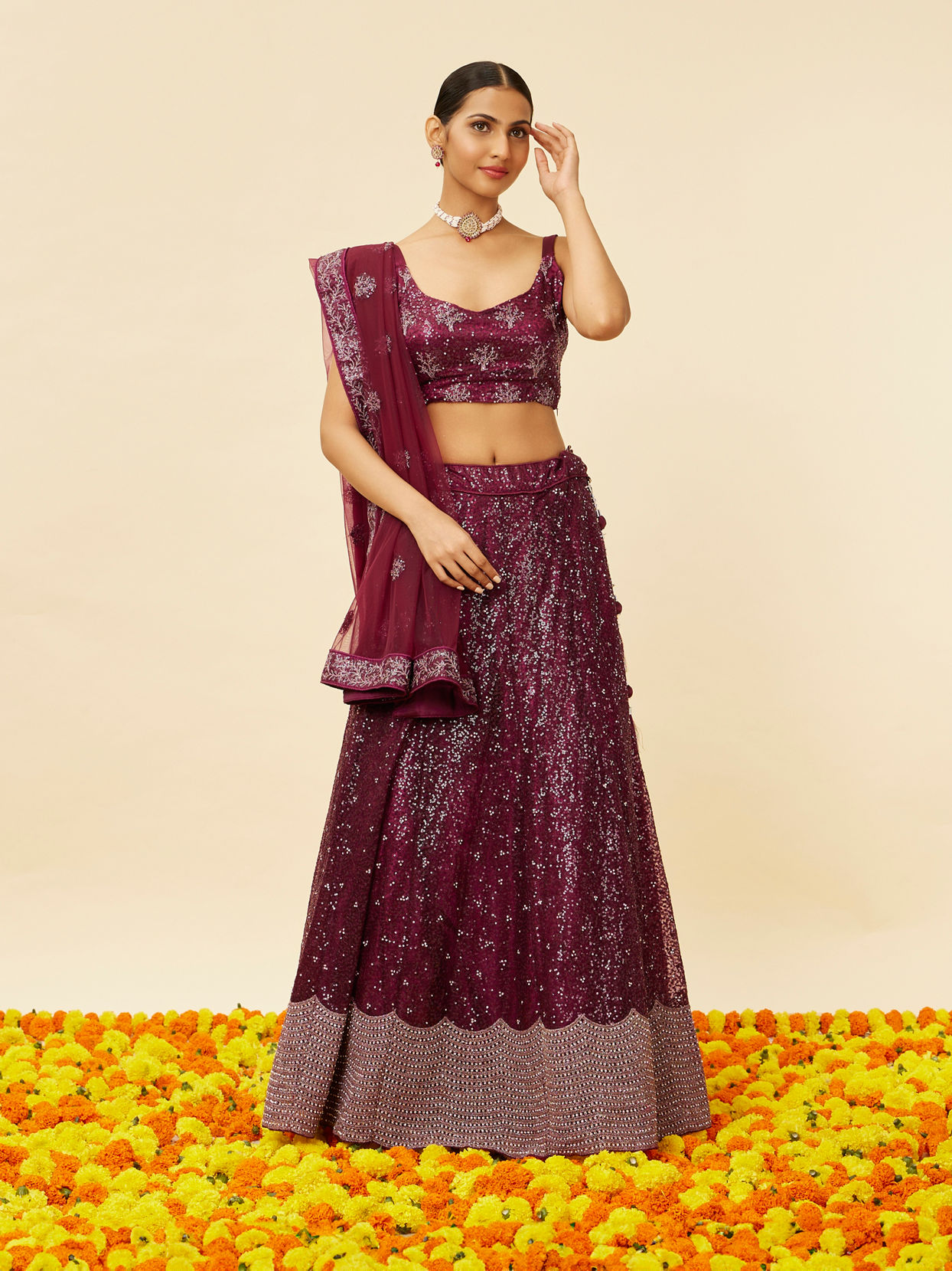 alt message - Mohey Women Windsor Wine Heavy Sequined Lehenga image number 0