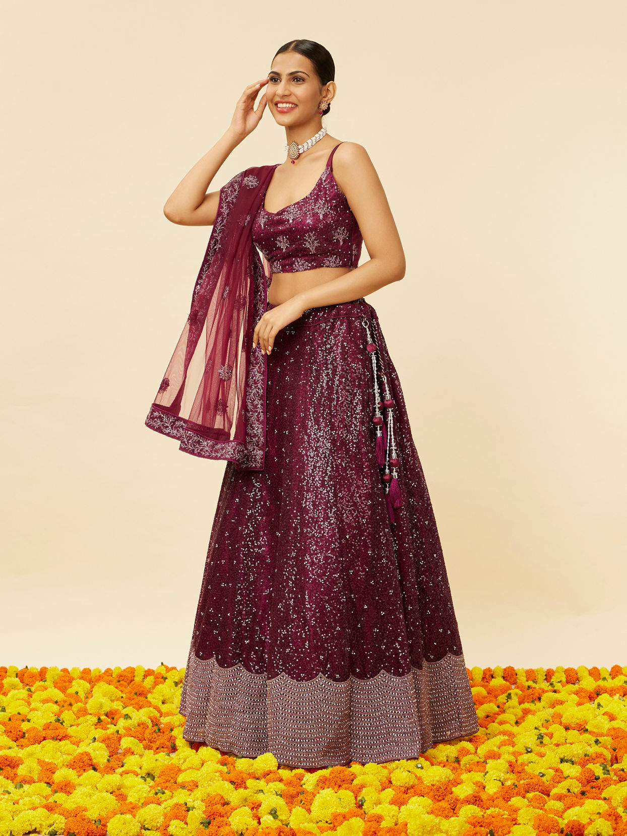 Mohey Women Windsor Wine Heavy Sequined Lehenga