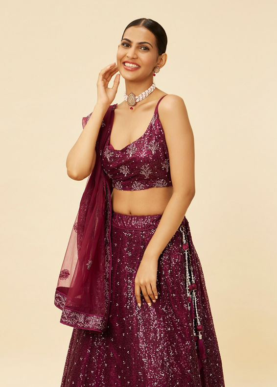 Mohey Women Windsor Wine Heavy Sequined Lehenga